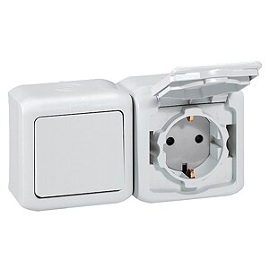 Выключатель + Розетка с заземлением и шторками IP-44 Legrand Quteo (Белый) 782318 ― Legrand-220.ru