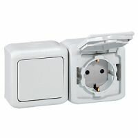 Выключатель + Розетка с заземлением и шторками IP-44 Legrand Quteo (Белый) 782318