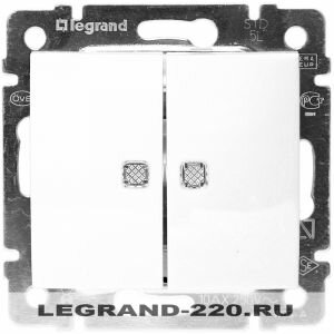 Проходной двухклавишный переключатель c подсветкой Legrand Valena (Белый) 774212 ― Legrand-220.ru